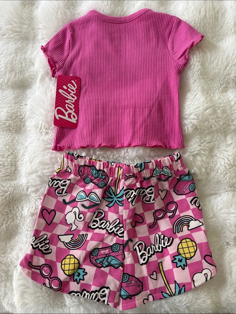 Barbie Hot Pink Ribbed Crop Top with Printed Pink Graphic Shorts